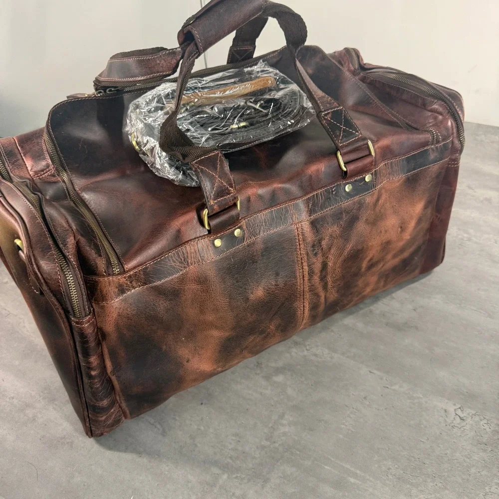 Denver Leather Craft Buffalo Duffel Large Brown Distressed Travel Weekend Bag